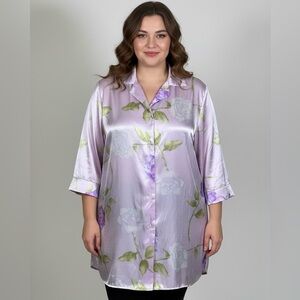 Vtg Image Satin Like Purple Green Blue Floral 3/4 Sleeve Button Down 1X P2P 25”
